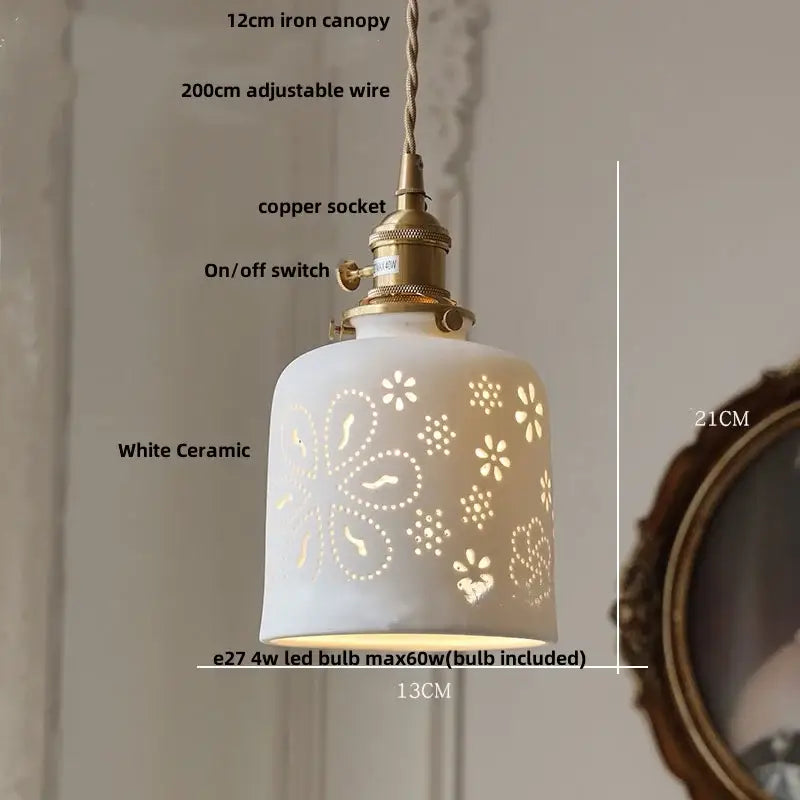 Modern white ceramic flower pendant lamp with delicate patterns, brass copper socket, and adjustable wire for kitchen LED lighting decorbites ceramic flower