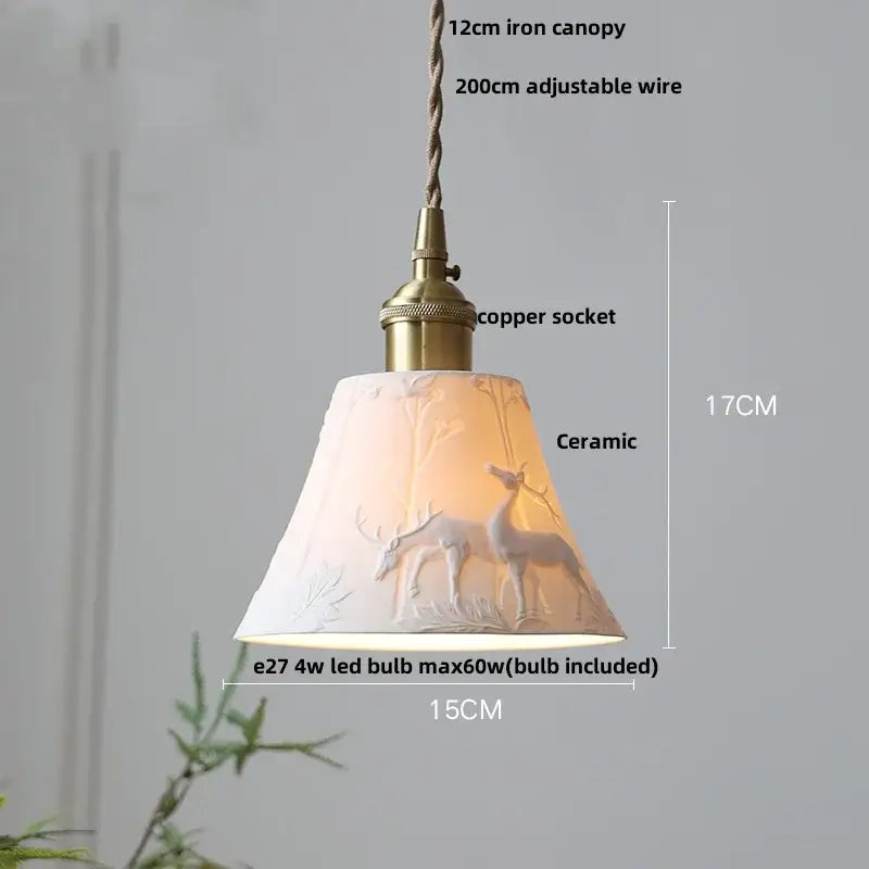 Modern white ceramic flower pendant lamp with embossed deer design and brass-finished metal decorbites ceramic flower led lighting