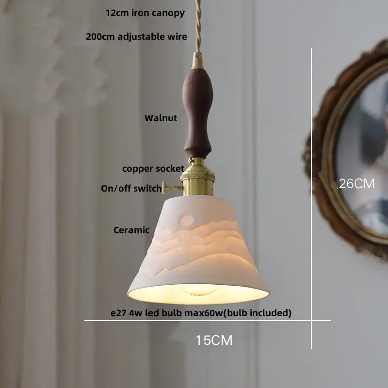 Modern white ceramic flower pendant lamp with carved mountain design walnut handle and brass accents decorbites ceramic flower