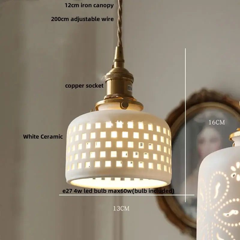 Modern white ceramic flower pendant lamp with grid pattern and brass accents for kitchen led lighting decorbites ceramic flower
