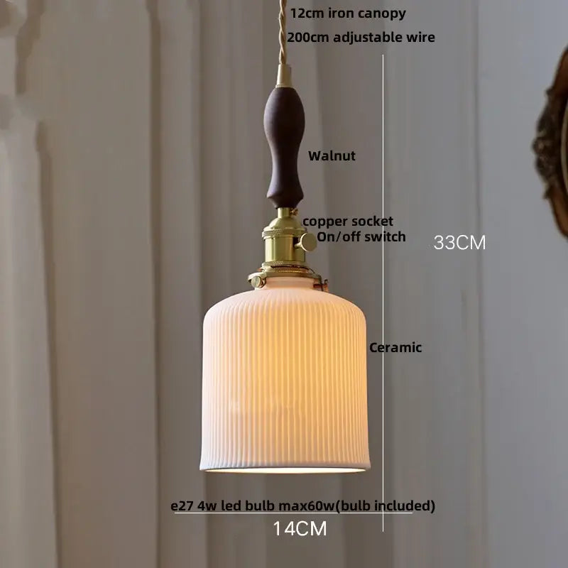 Modern white ceramic flower pendant lamp with ribbed off-white glass shade and walnut iron canopy for kitchen decorbites ceramic flower led lighting