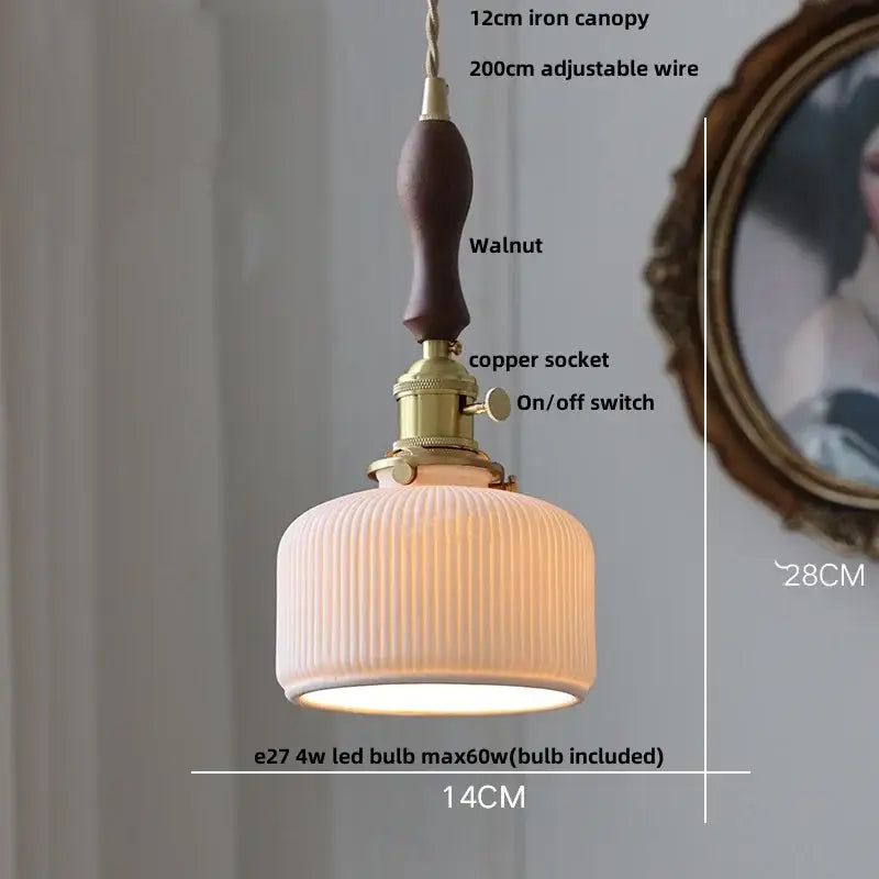 Modern white ceramic flower pendant lamp with warm-toned ribbed design walnut handle and brass hardware decorbites ceramic flower led