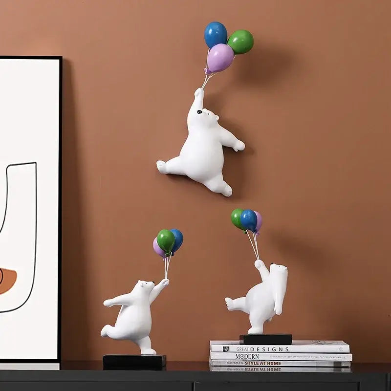 Modern white ceramic flying bear figurines featuring polar bears holding colorful balloons for kids bedroom decor