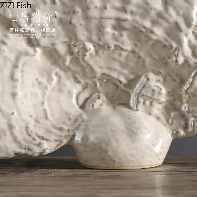 Modern white ceramic ganoderma lucidum sculpture with a textured rough surface and subtle speckles for living room decor