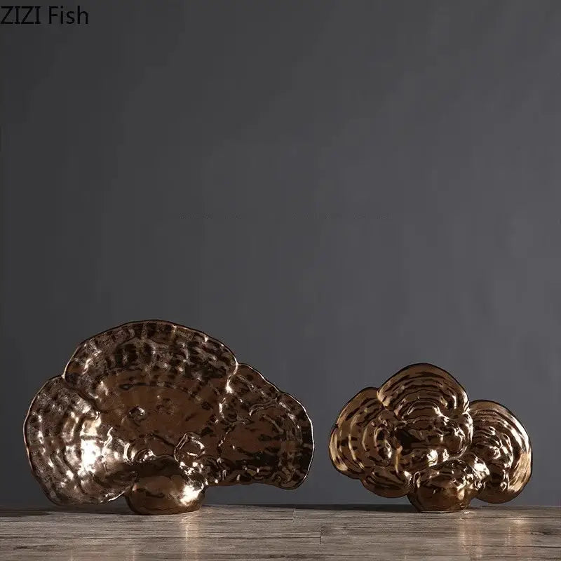 Golden glossy ceramic ganoderma lucidum sculpture with intricate layered textures for modern living room decor