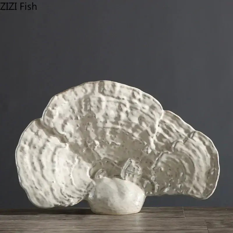 Modern white ceramic ganoderma lucidum sculpture with textured layered design for living room decor