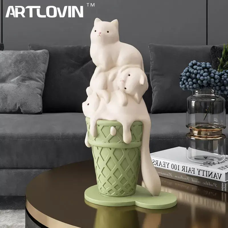 Modern white ceramic cream cat sculpture with three cats stacked on green waffle cone ice cream for living room decor