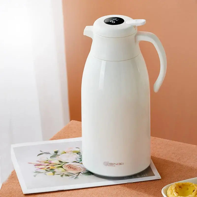 Modern white ceramic insulation kettle with digital temperature display and ergonomic handle by decorbites insulation kettle