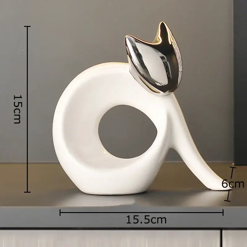 Modern white ceramic kitten statue with shiny metallic silver head for living room decor