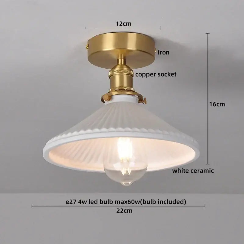 Modern white ceramic led ceiling light for balcony with brass iron base copper socket and ridged ceramic led ceiling shade