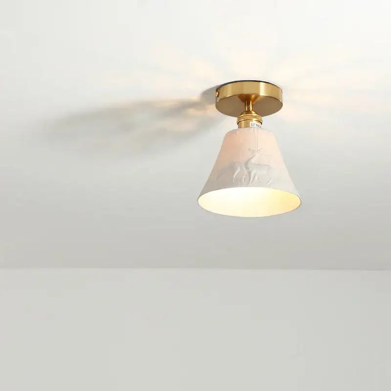 Modern white ceramic led ceiling light with off-white deer relief lampshade and gold base for balcony decorbites ceramic led