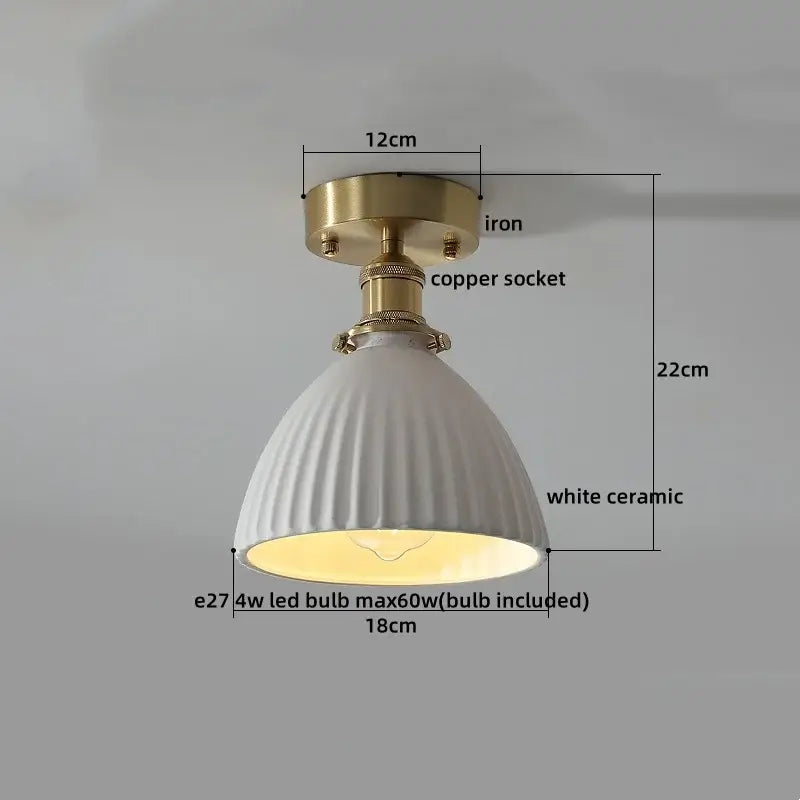 Modern white ceramic led ceiling light with brass iron and copper socket featuring vertical ridges for balcony decorbites ceramic led