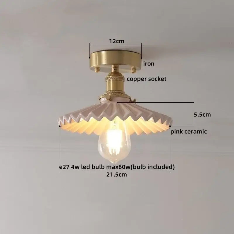 Modern white ceramic led ceiling light with delicate pink scalloped ceramic led ceiling shade on gold decorbites ceramic led base