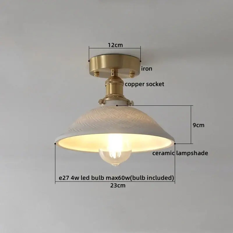 Modern white ceramic led ceiling light with brass iron base and copper socket featuring embossed lampshade decorbites ceramic led
