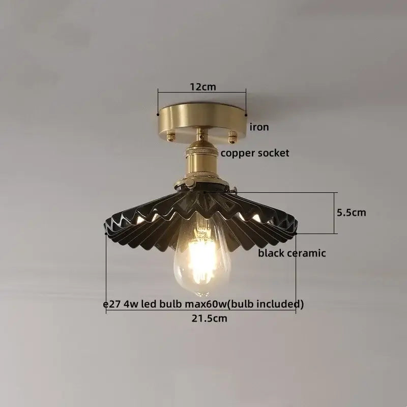 Modern white ceramic led ceiling light for balcony with a brass iron base copper socket and scalloped black ceramic shade decorbites ceramic led
