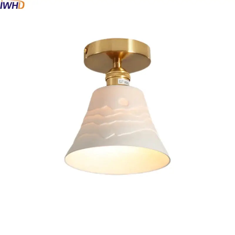 Modern white ceramic led ceiling light with gold base featuring subtle wave-patterned design for balcony decorbites ceramic led
