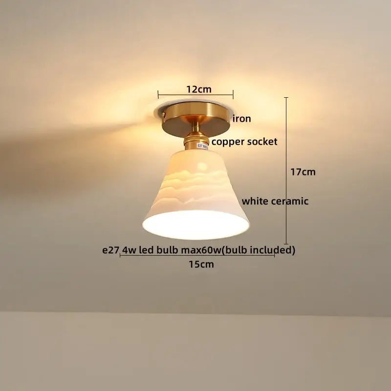 Modern white ceramic led ceiling light for balcony with brass iron base and copper socket by decorbites ceramic led