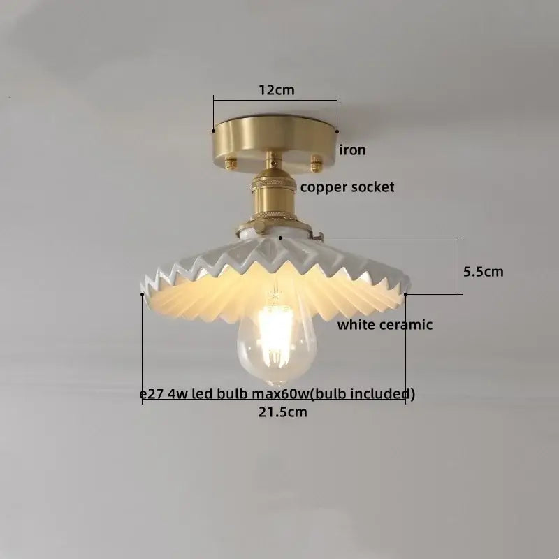 Modern white ceramic led ceiling light for balcony with brass iron base copper socket and scalloped ceramic led ceiling shade