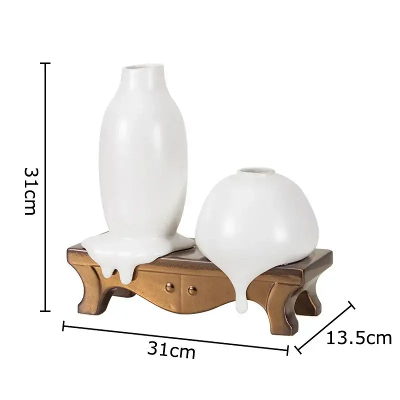 Modern white decorbites ceramic liquid vase set with glossy finish on wooden stand for living room decorbites ceramic use