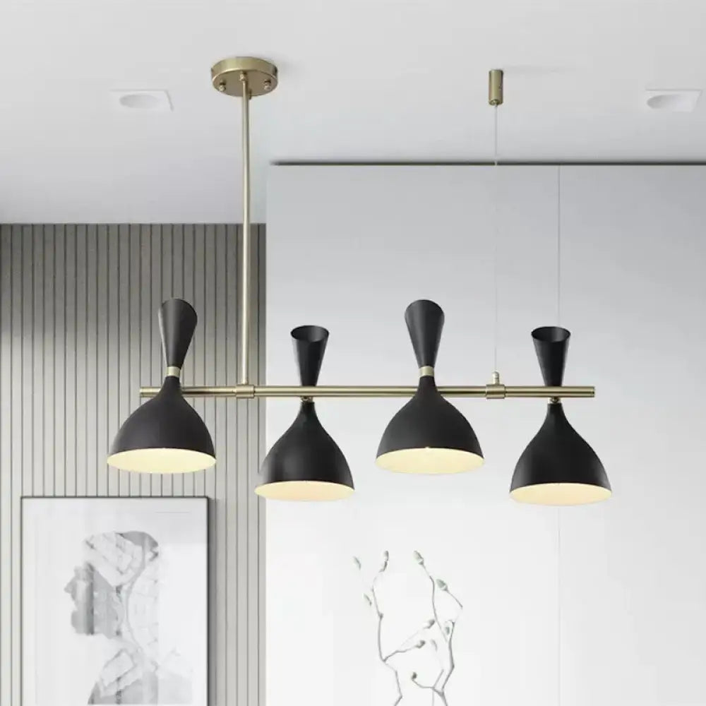 Modern black nordic hanging chandelier with metal horn shade brass accents and four conical shades for dining room lighting