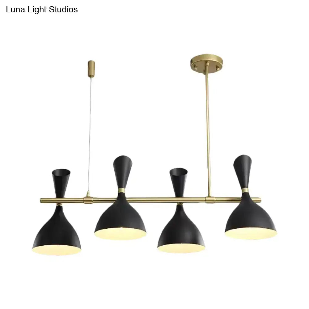 Black matte nordic hanging chandelier with metal horn shade and brass accents for dining room or island lighting