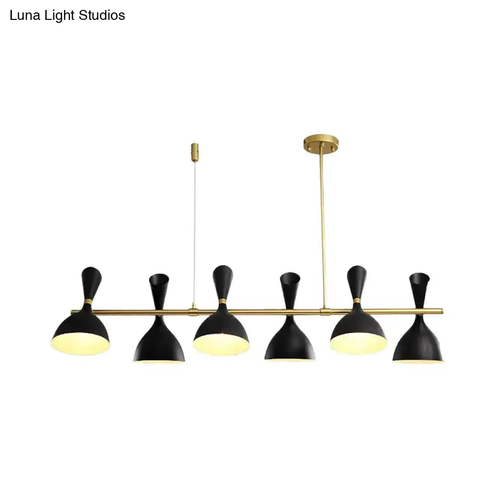 Black and brass nordic hanging chandelier with six metal horn shade conical lights for dining room or island lighting