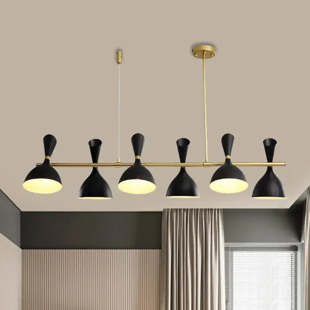 Black conical nordic hanging chandelier with metal horn shade and brass accents for dining room lighting