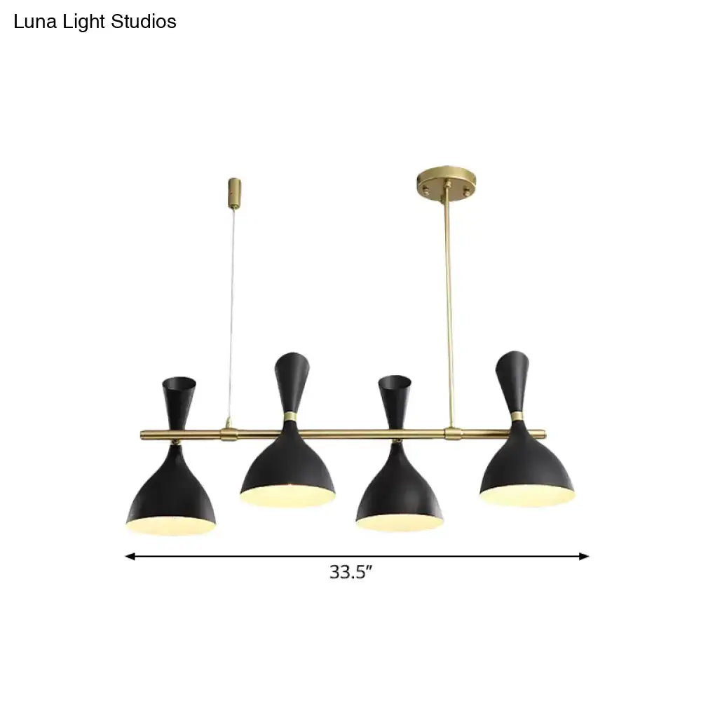 Black matte nordic hanging chandelier with four metal horn shades and brass-toned bar for dining room lighting