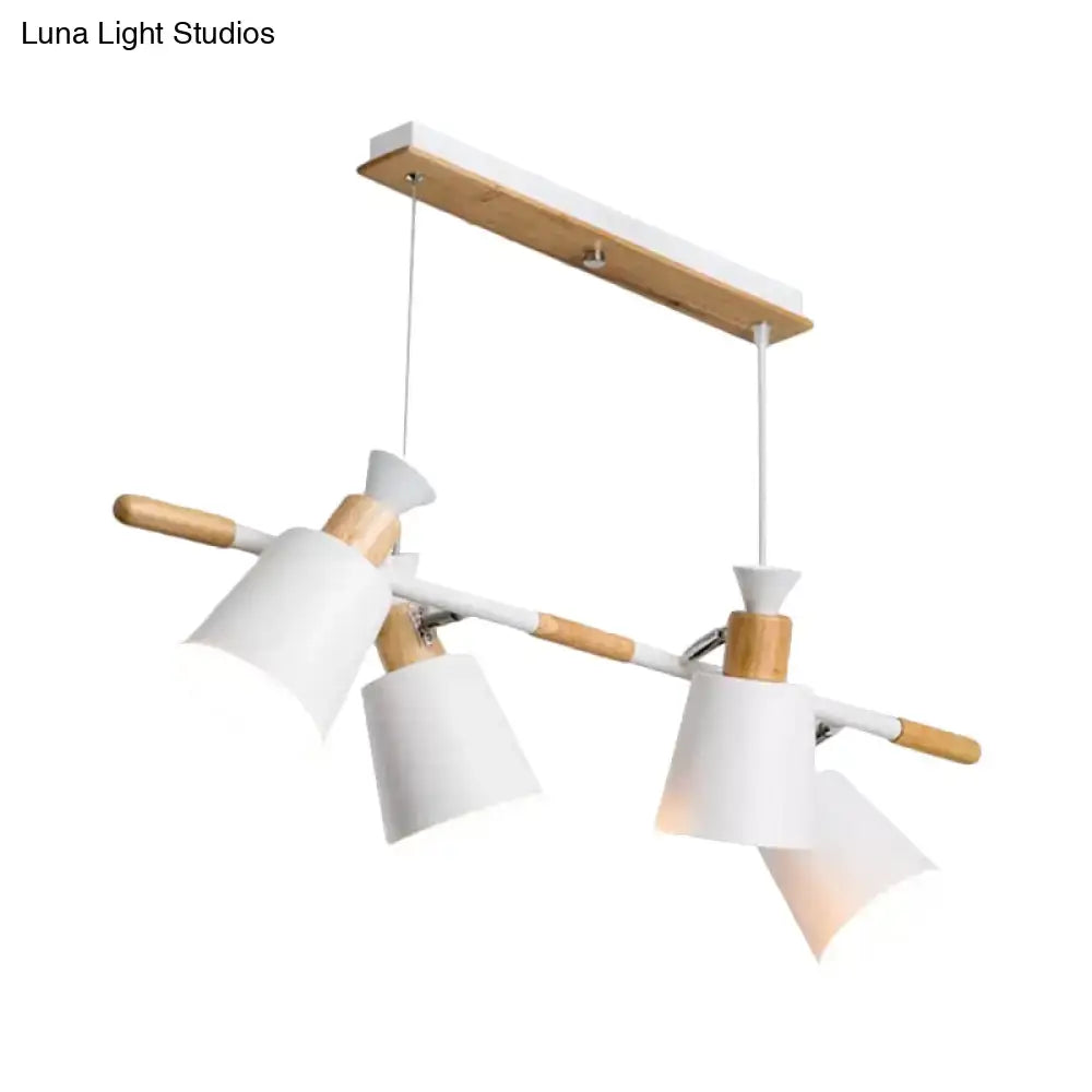 Modern pendant island light with white tapered shade, wooden handles, and bulb base in wood and metal fixture