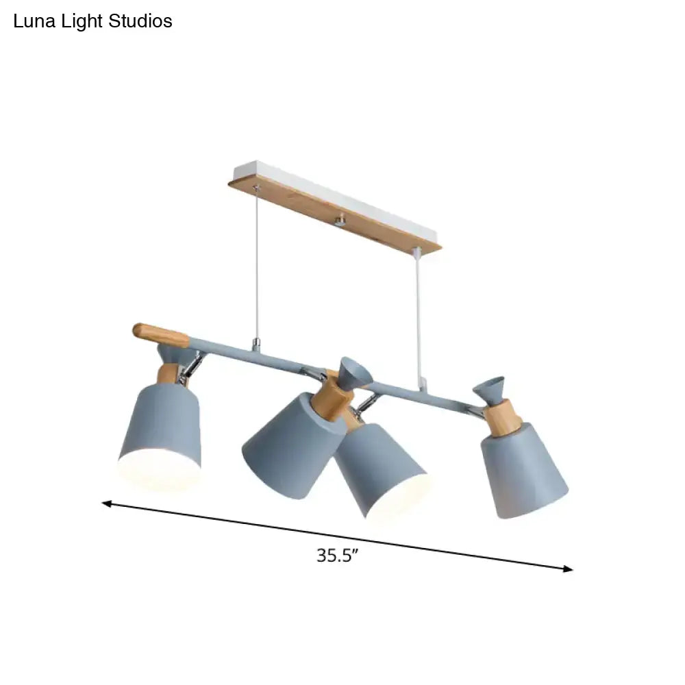 Modern blue and wood-toned decorbites island light with three adjustable tapered shade spotlight heads and bulb base