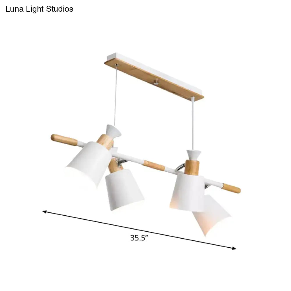 Decorbites™ nordic island light with four tapered white matte shades and natural wood arms suspended from a wooden beam e26 e27
