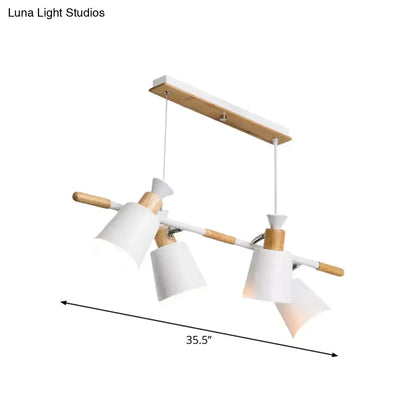 Decorbites™ nordic island light with four tapered white matte shades and natural wood arms suspended from a wooden beam e26 e27