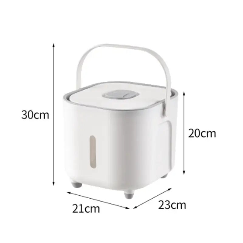 Modern white ceramic food storage container with handle and small feet for kitchen rice and grain storage