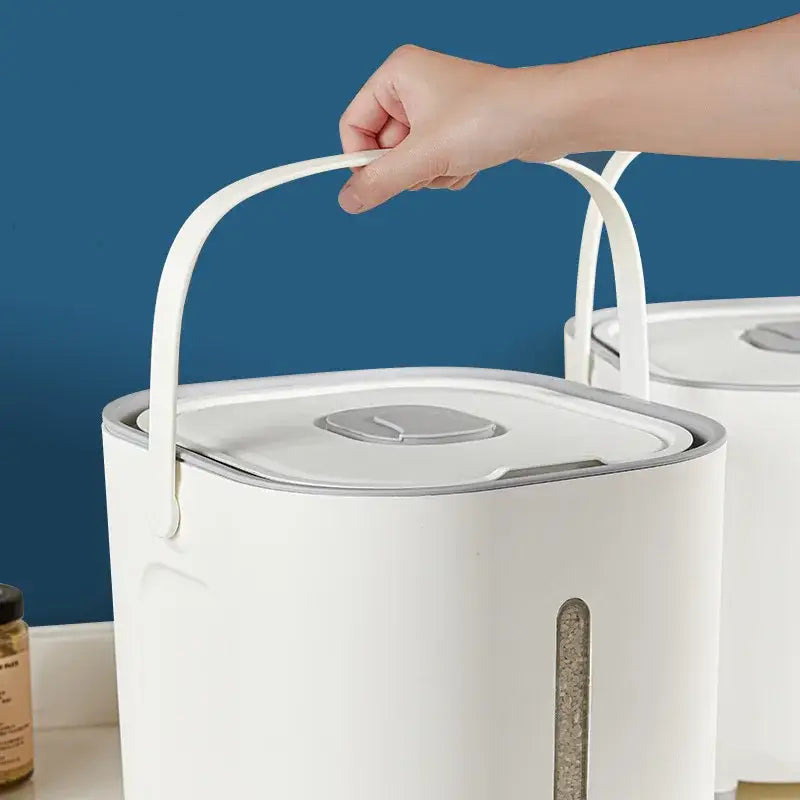 Modern white plastic food storage container with handle and transparent window for kitchen grain and rice storage