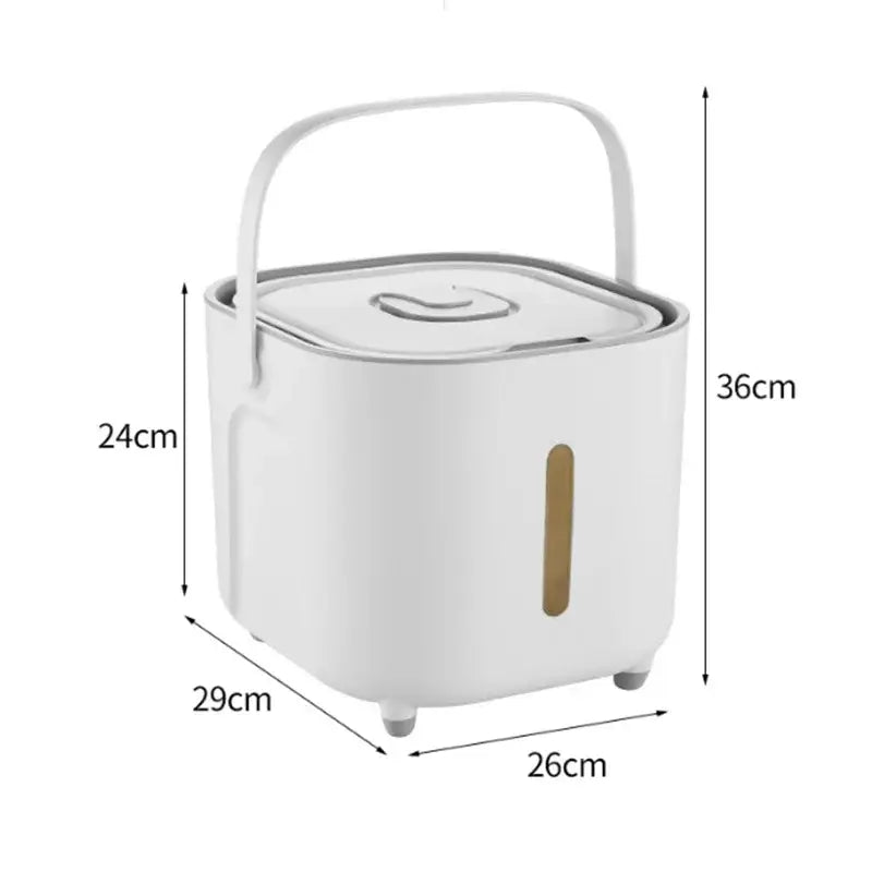 Modern white ceramic food storage container with silver lid, curved latch handle, and vertical gold accent strip