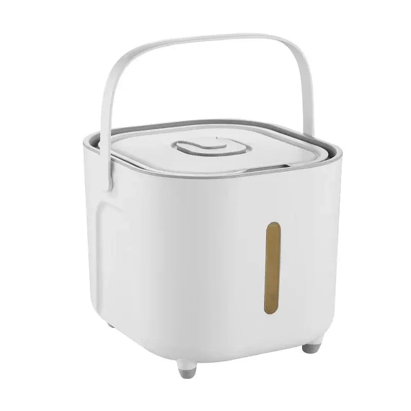 Modern white ceramic food storage container with gray handle lid and feet for kitchen rice and grain storage