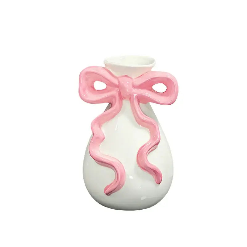 Modern white ceramic vase with a glossy pink cute bow decorbites 3d ribbon for living room decor