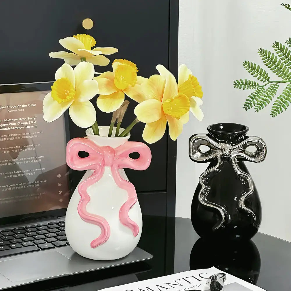 Modern white ceramic vase with cute pink bow decorbites 3d ribbon ideal for living room decor