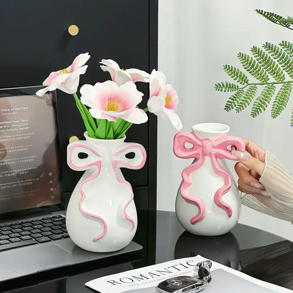 Modern white ceramic vase with a pink cute bow decorbites 3d ribbon for elegant living room decor