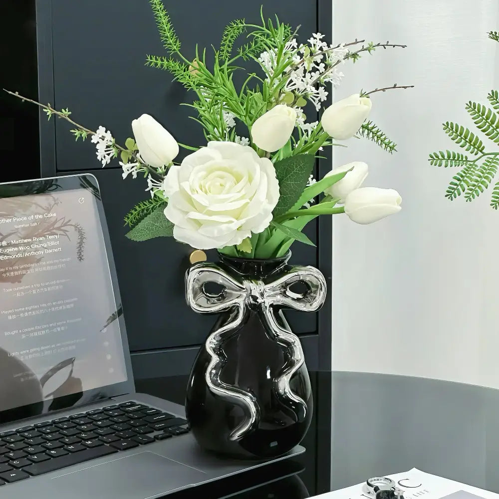 Black ceramic vase with glossy finish and ornate silver cute bow decorbites 3d ribbon for living room decor