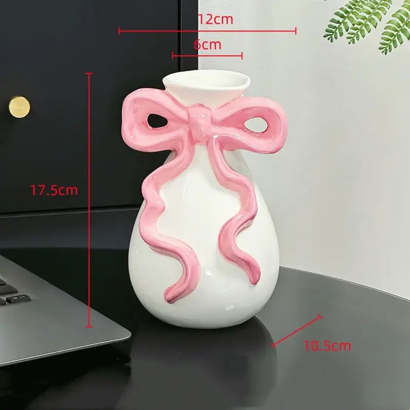 Modern white ceramic vase with glossy finish and pink cute bow decorbites 3d ribbon for living room decor