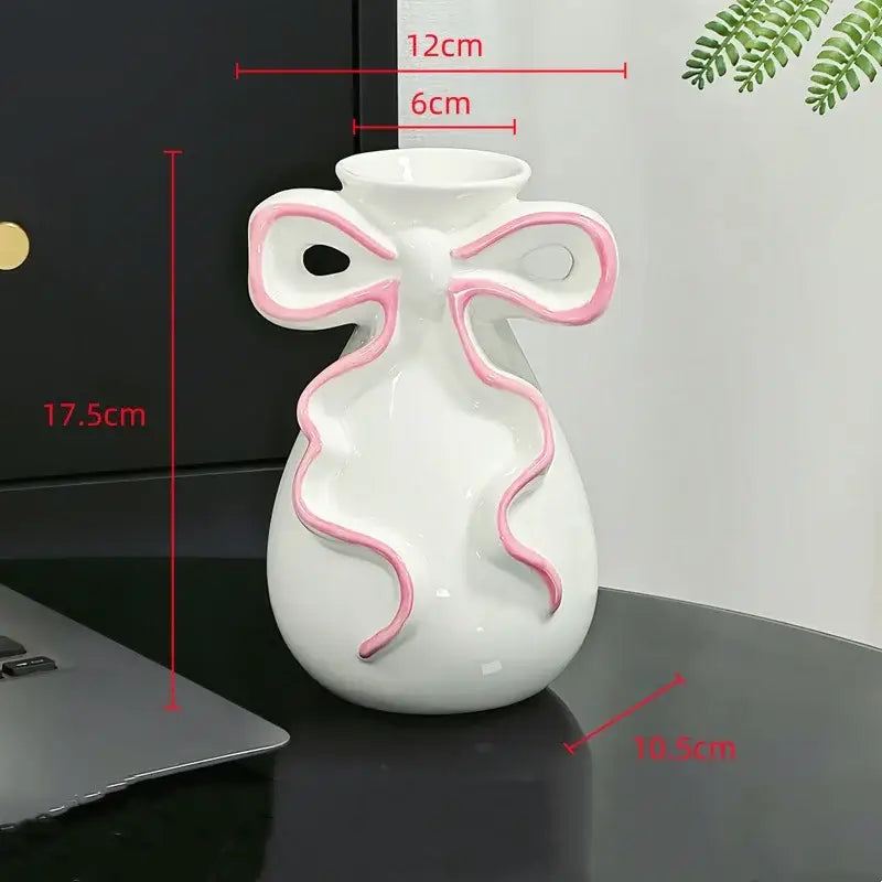 Modern white ceramic vase with pink cute bow decorbites 3d ribbon design ideal for living room decor