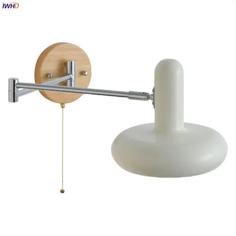 Modern white ceramic wall lamp with chrome adjustable arm and wooden backplate for decorbites cream iron art bedroom decor