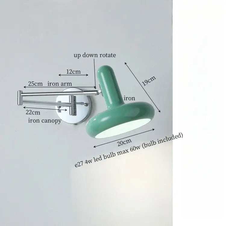 A sleek mint-green wall lamp with chrome cream iron art arm and canopy for modern decorbites cream iron decor