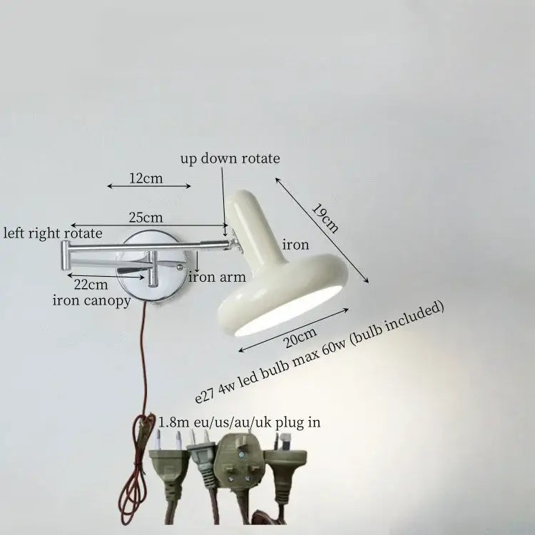 Modern white cream iron art wall lamp with adjustable extendable arm and included led bulb for bedroom decorbites cream iron