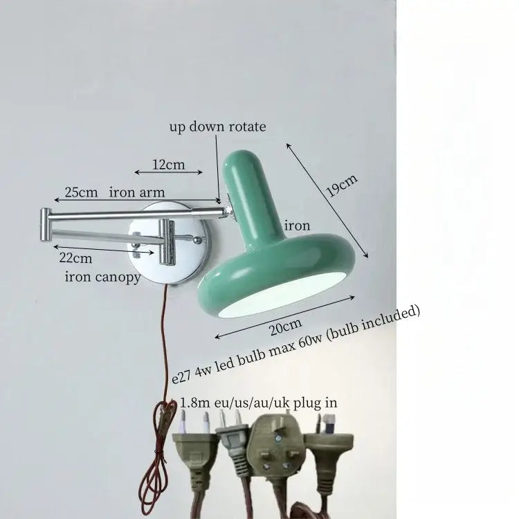 A sleek mint green adjustable wall lamp with polished cream iron art arm for modern decorbites cream iron décor