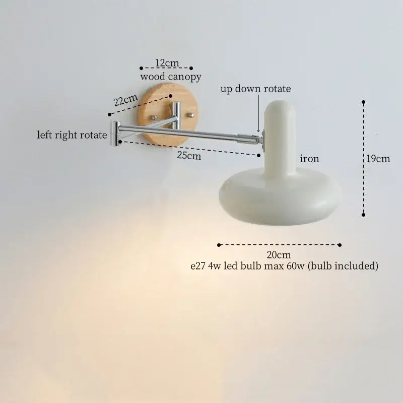 Adjustable modern white ceramic wall lamp with cream iron art and wooden canopy for bedroom decorbites cream iron decor