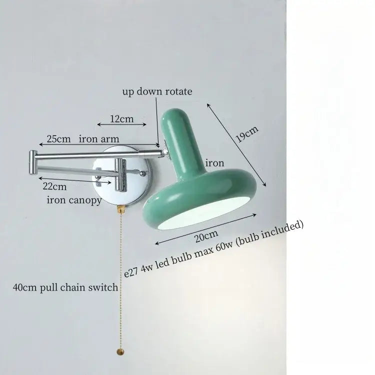 A sleek mint-green ceramic wall lamp with polished chrome decorbites cream iron art arm for modern bedroom decor