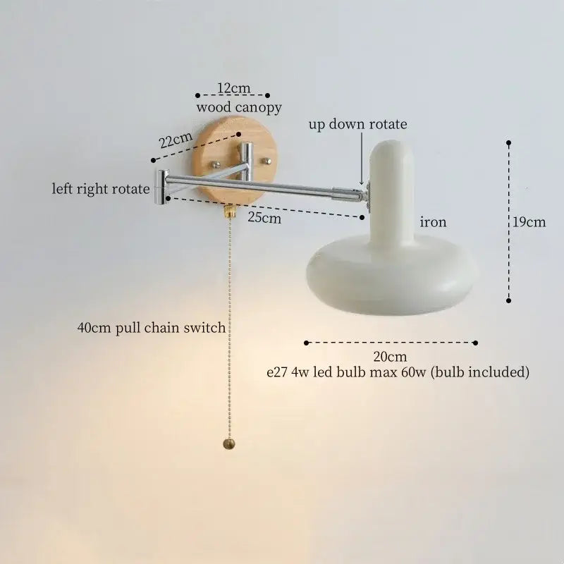 Adjustable modern white ceramic wall lamp with cream iron art finish wooden canopy and pull chain switch for decorbites wall lamp