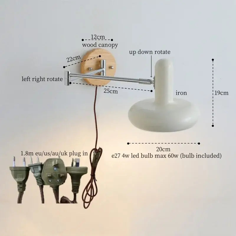 Modern wall lamp with adjustable chrome iron arm, wooden canopy, and white ceramic shade for decorbites cream iron art
